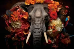 Glasschilderij Olifant met Bloemen en Vogels 110160-200